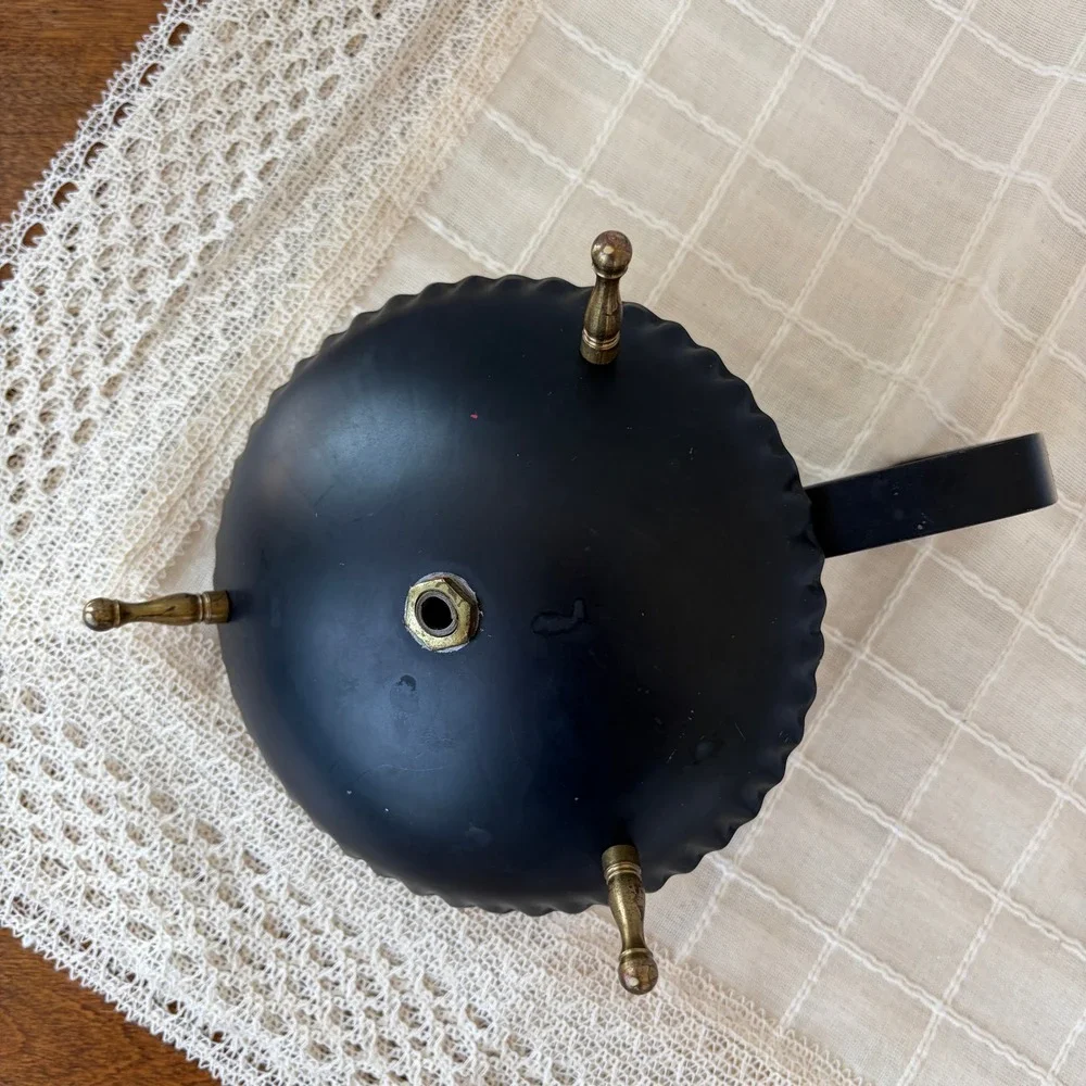 Vintage Black Metal Pillar Candle Holder Wall Sconce Brass Tripod Feet Scalloped